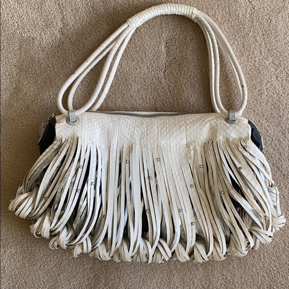 Fringe leather shoulder bag w crystals